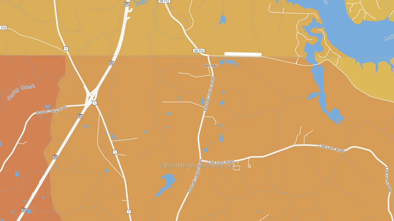 Map of the best neighborhoods in the Paschall area, with better matches in green and worse matches in red