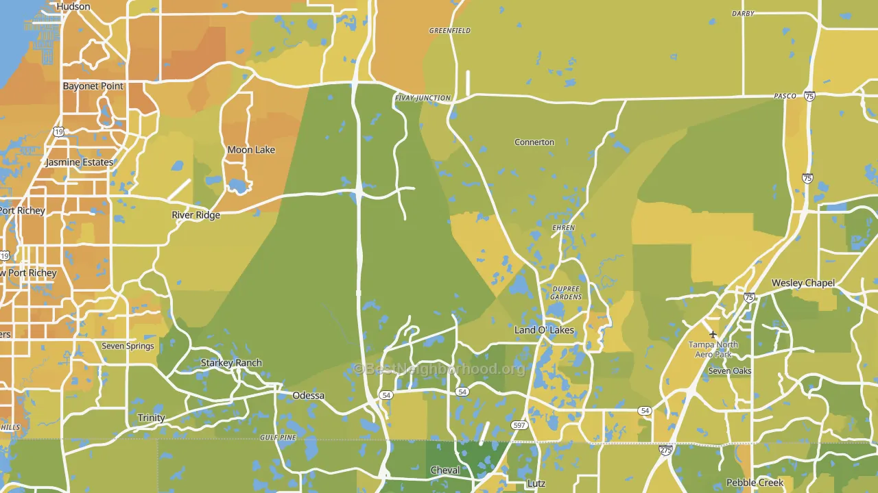Map of the best neighborhoods in the Pasco County area, with better matches in green and worse matches in red