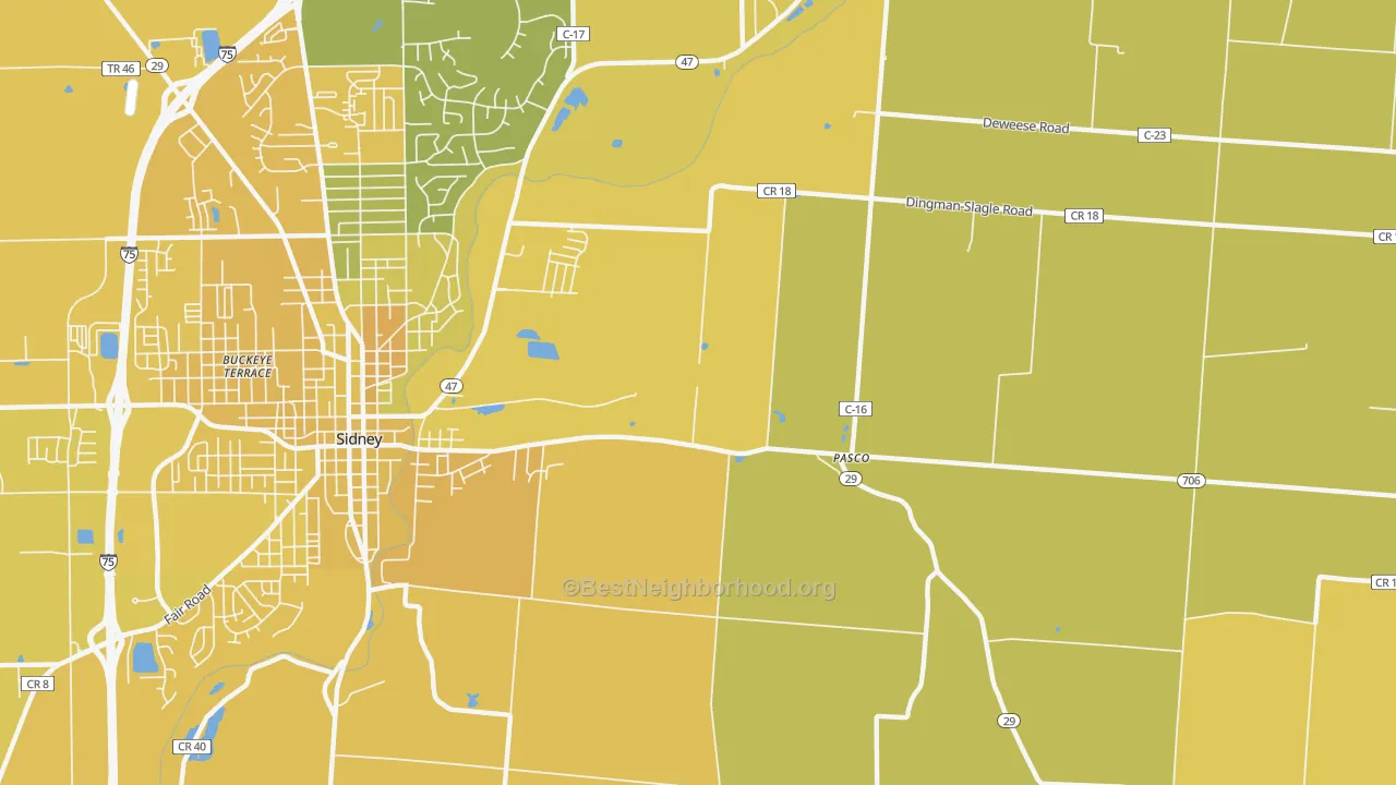Map of the best neighborhoods in the Pasco area, with better matches in green and worse matches in red