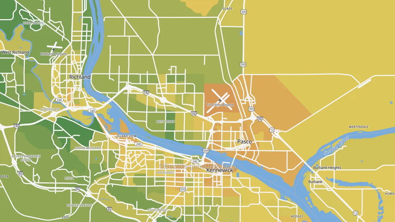 Map of the best neighborhoods in the Pasco area, with better matches in green and worse matches in red