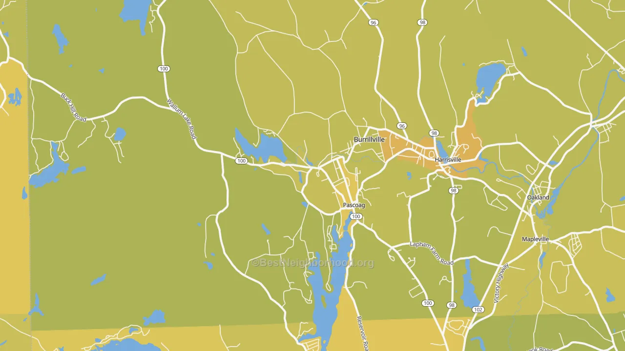 Map of the best neighborhoods in the Pascoag area, with better matches in green and worse matches in red