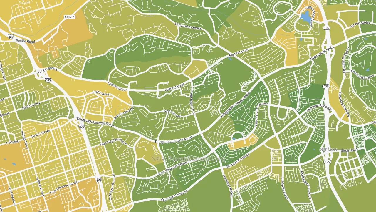 Map of the best neighborhoods in the Paseo Ranchoero, Chula Vista area, with better matches in green and worse matches in red