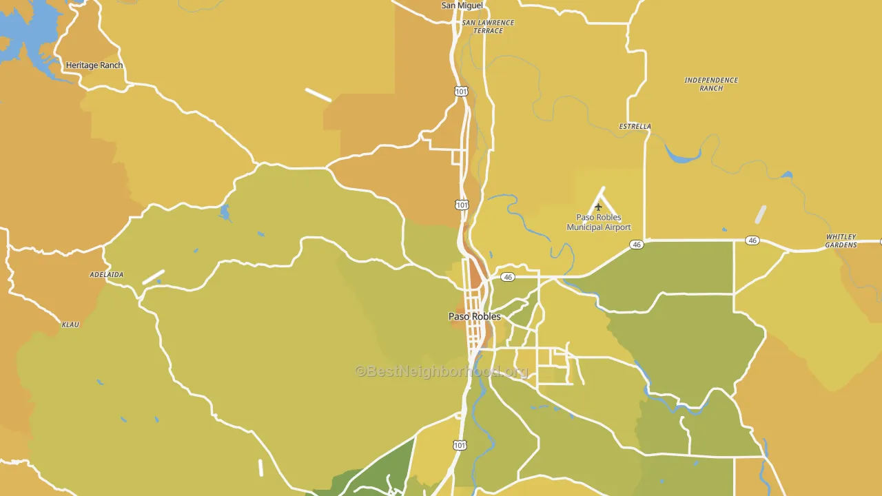 Map of the best neighborhoods in the Paso Robles area, with better matches in green and worse matches in red