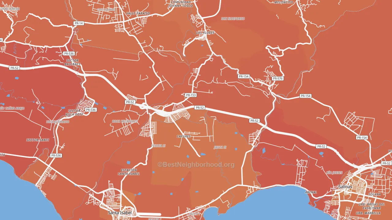 Map of the best neighborhoods in the Paso Seco area, with better matches in green and worse matches in red
