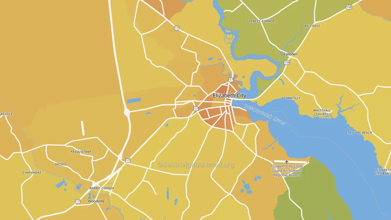 Map of the best neighborhoods in the Pasquotank County area, with better matches in green and worse matches in red