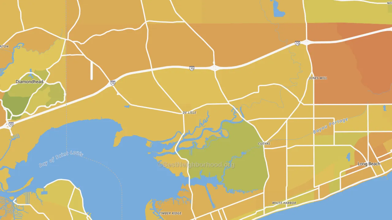 Map of the best neighborhoods in the Pass Christian area, with better matches in green and worse matches in red