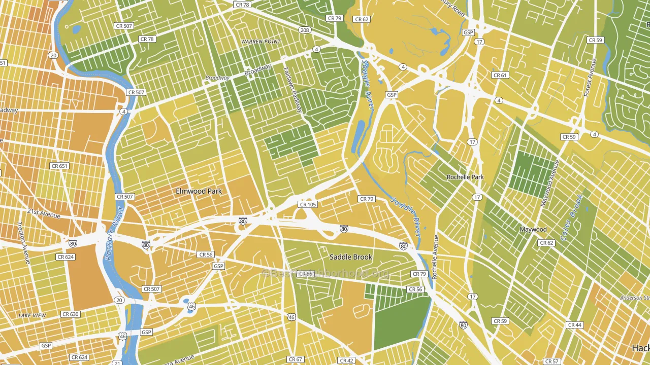 Map of the best neighborhoods in the Passaic Junction, Saddle Brook area, with better matches in green and worse matches in red
