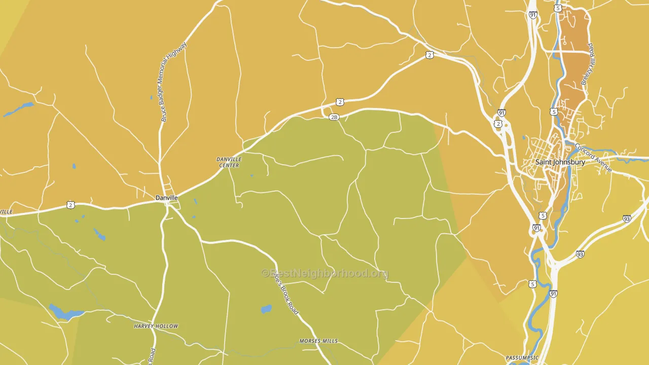 Map of the best neighborhoods in the Passumpsic area, with better matches in green and worse matches in red