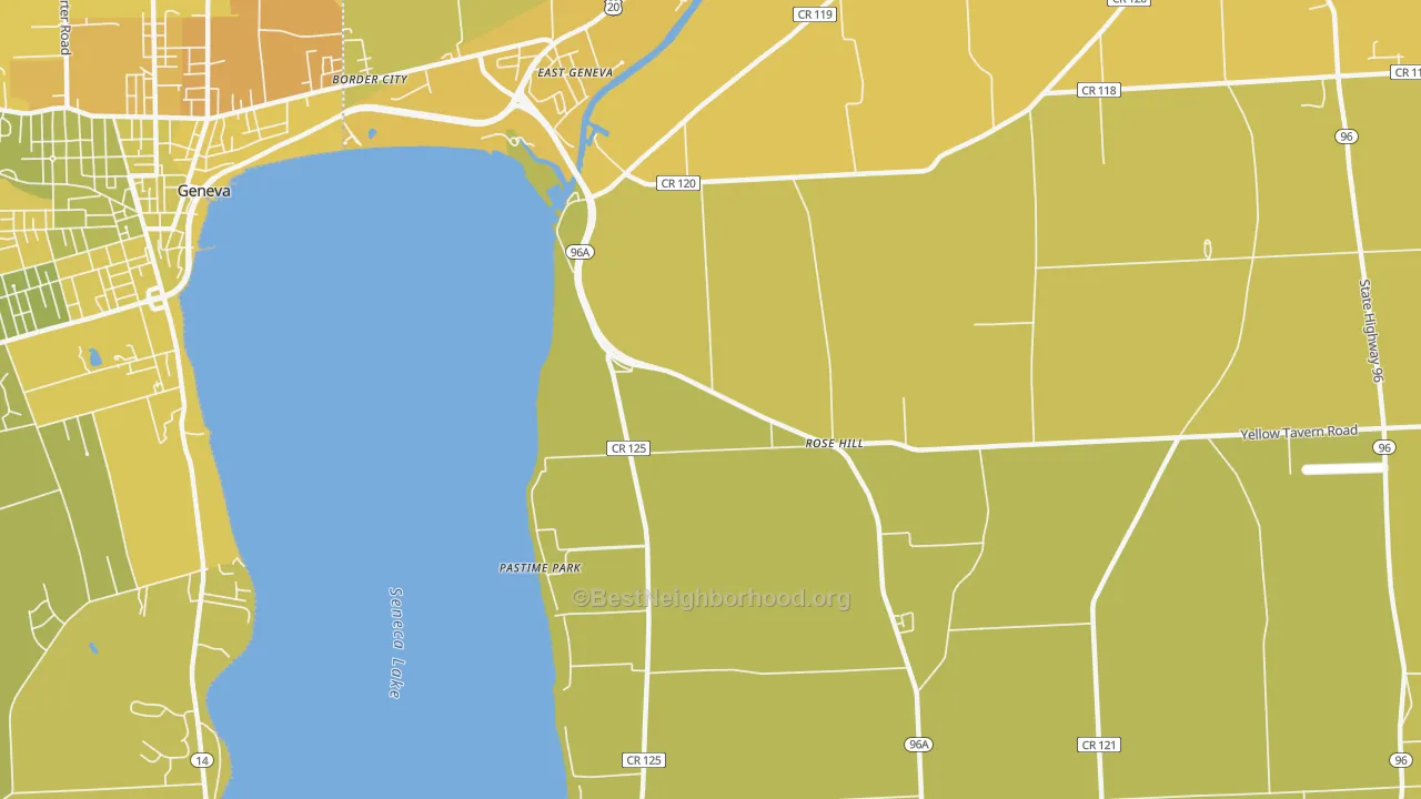 Map of the best neighborhoods in the Pastime Park area, with better matches in green and worse matches in red
