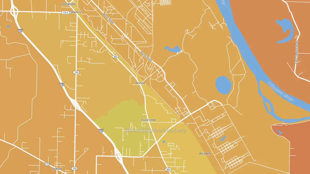 Map of the best neighborhoods in the Pastoria area, with better matches in green and worse matches in red