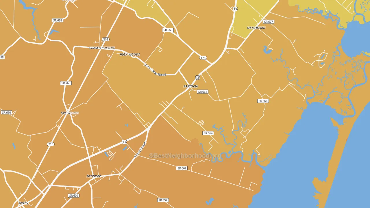 Map of the best neighborhoods in the Pastoria area, with better matches in green and worse matches in red