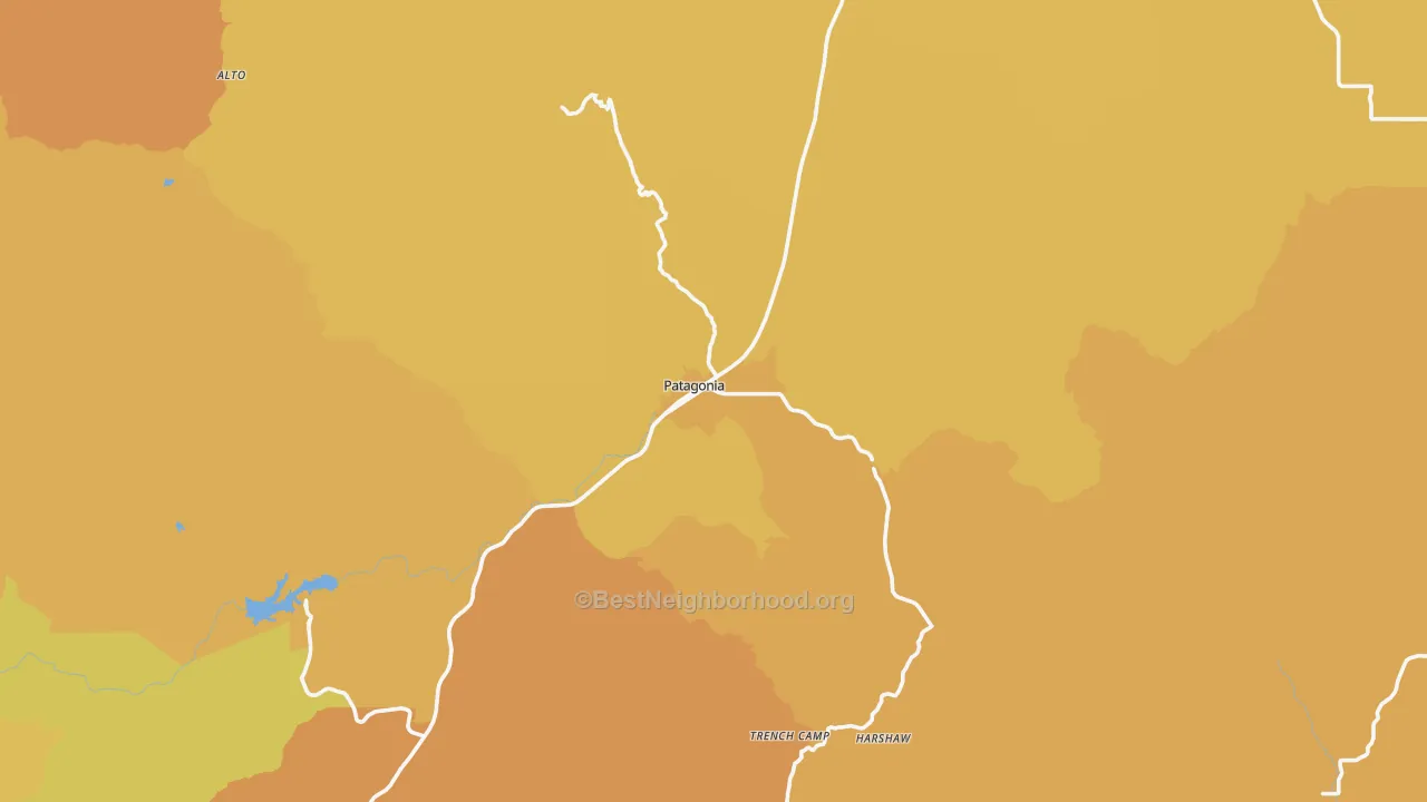 Map of the best neighborhoods in the Patagonia area, with better matches in green and worse matches in red