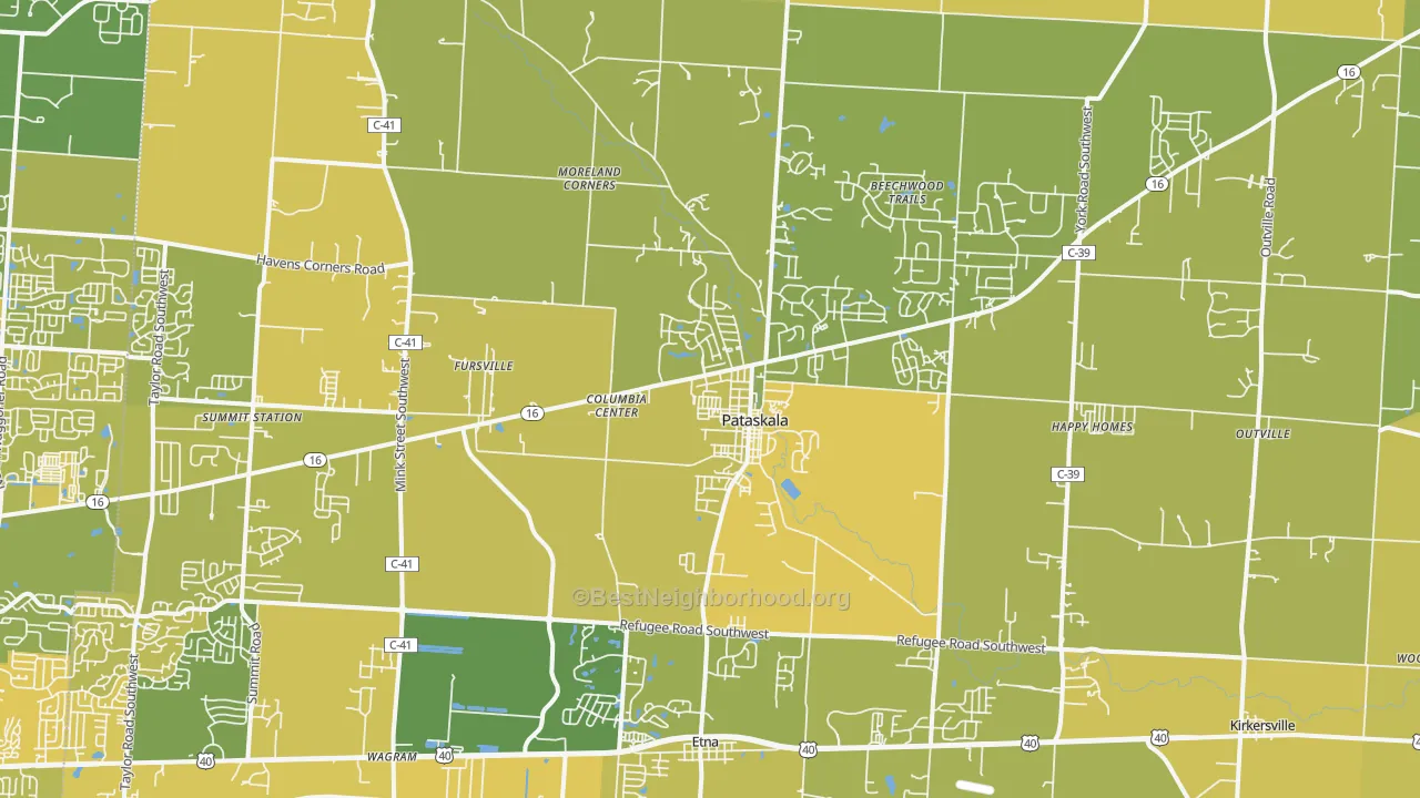 Map of the best neighborhoods in the Pataskala area, with better matches in green and worse matches in red
