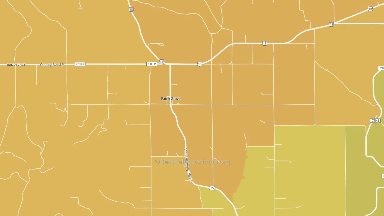 Map of the best neighborhoods in the Patch Grove area, with better matches in green and worse matches in red