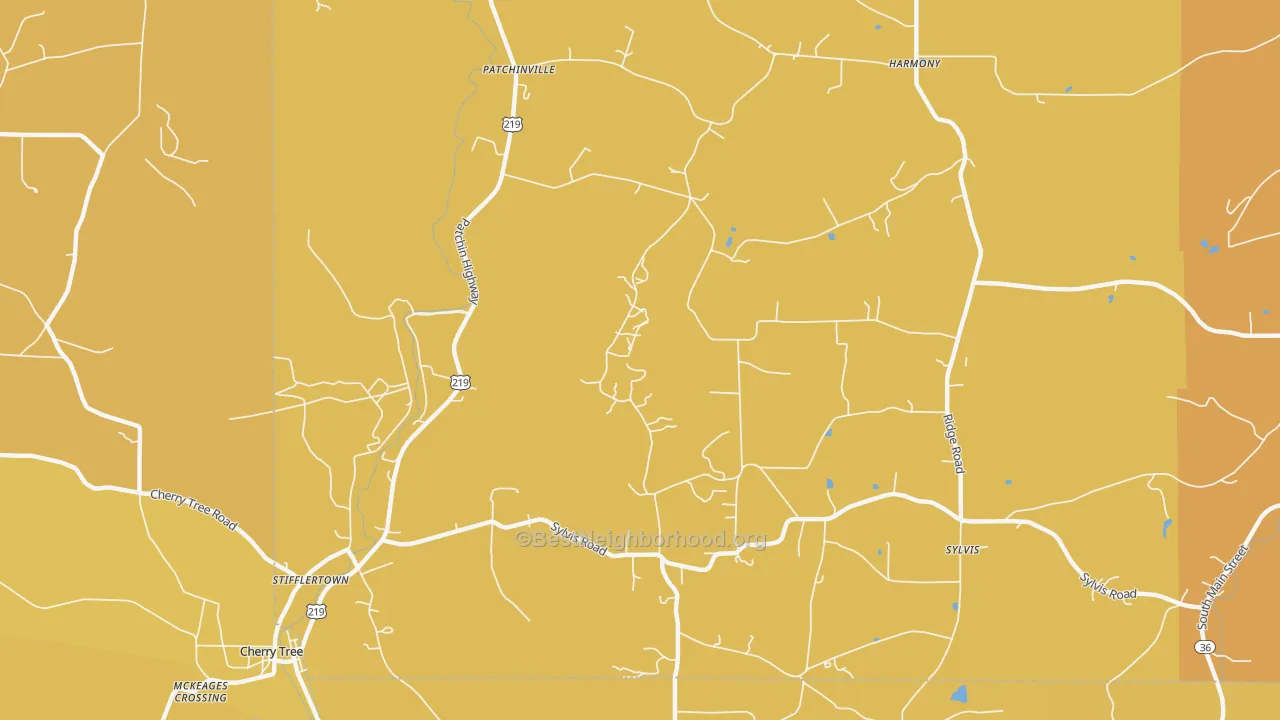 Map of the best neighborhoods in the Patchinville area, with better matches in green and worse matches in red