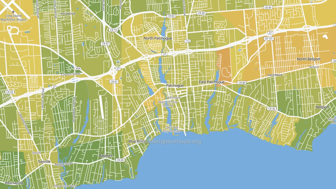 Map of the best neighborhoods in the Patchogue area, with better matches in green and worse matches in red