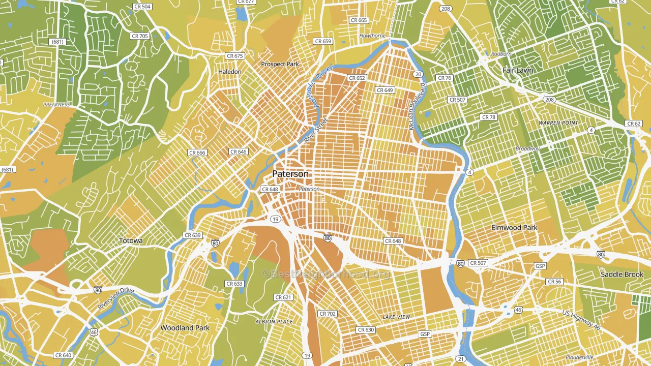 Map of the best neighborhoods in the Paterson area, with better matches in green and worse matches in red