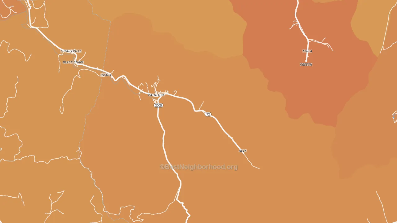 Map of the best neighborhoods in the Pathfork area, with better matches in green and worse matches in red