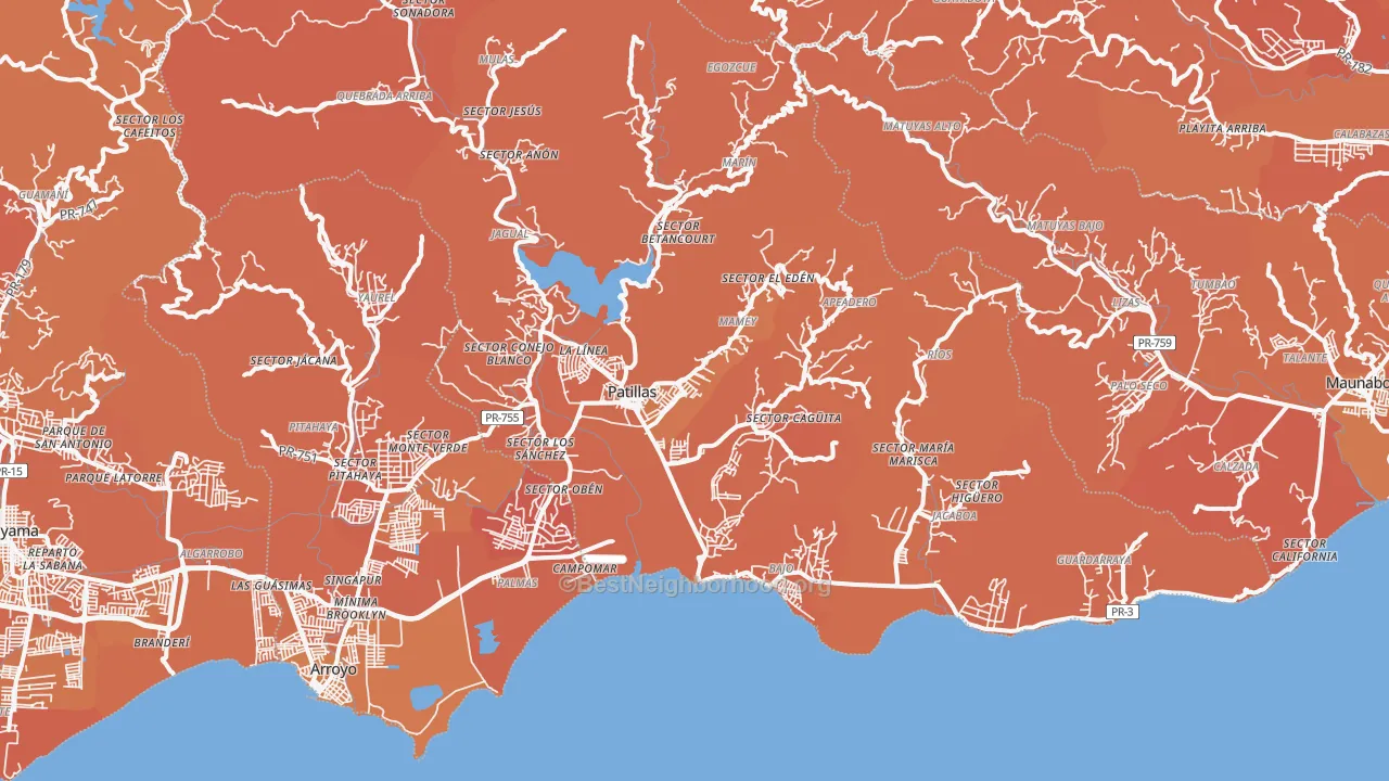 Map of the best neighborhoods in the Patillas Municipio area, with better matches in green and worse matches in red