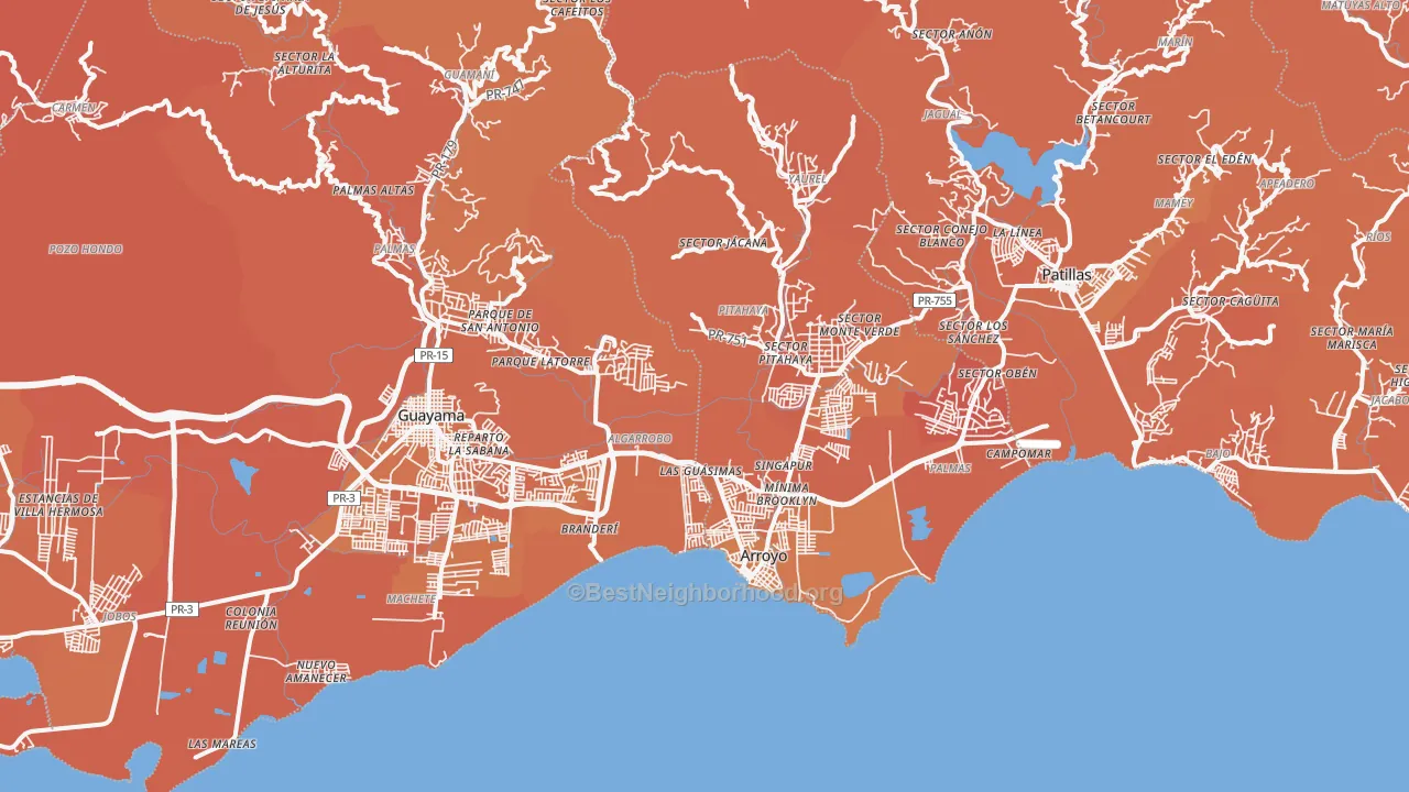 Map of the best neighborhoods in the Patillas area, with better matches in green and worse matches in red