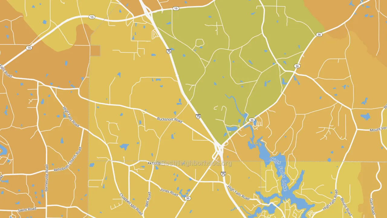 Map of the best neighborhoods in the Patillo area, with better matches in green and worse matches in red