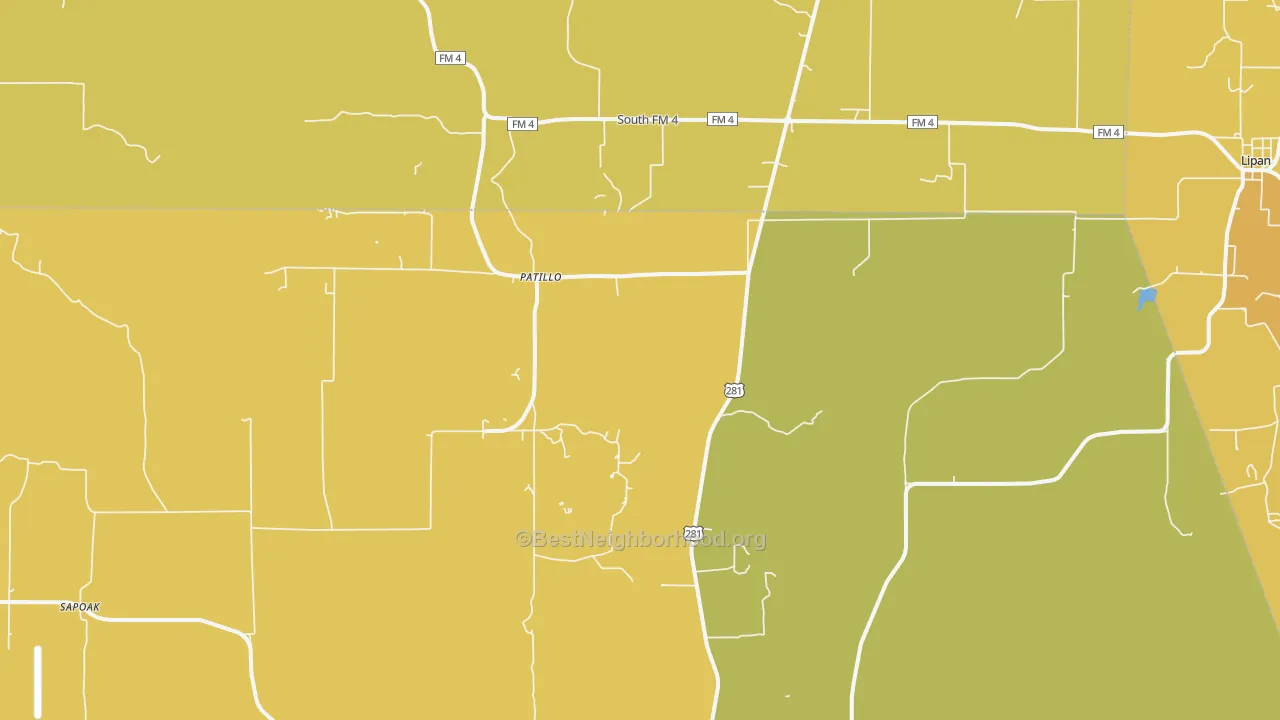 Map of the best neighborhoods in the Patillo area, with better matches in green and worse matches in red