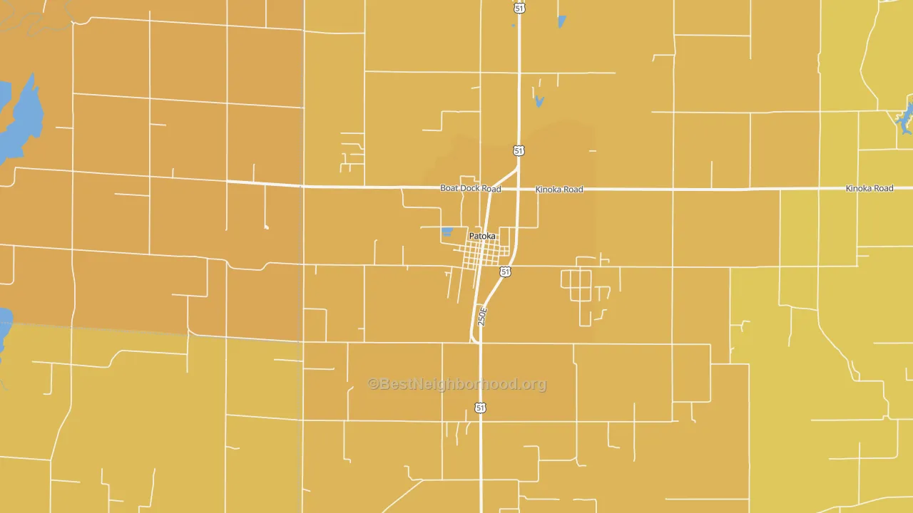 Map of the best neighborhoods in the Patoka area, with better matches in green and worse matches in red