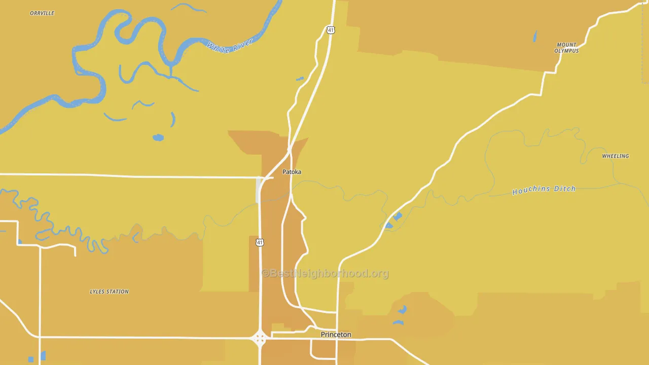 Map of the best neighborhoods in the Patoka area, with better matches in green and worse matches in red