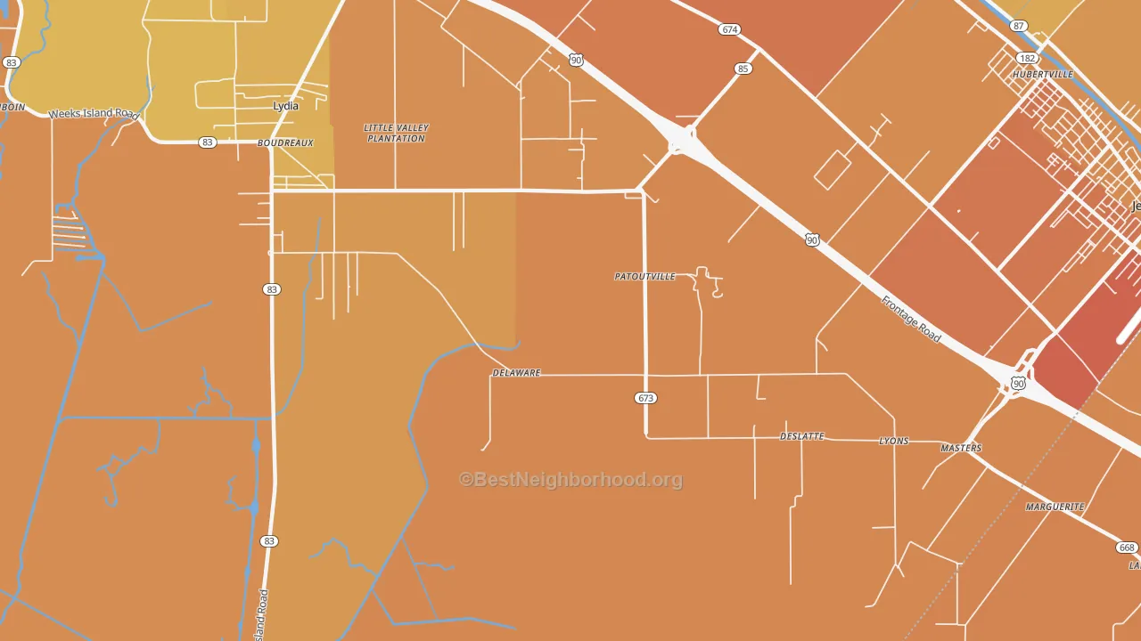 Map of the best neighborhoods in the Patoutville area, with better matches in green and worse matches in red