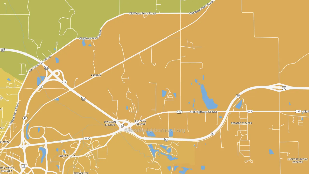 Map of the best neighborhoods in the Patrick area, with better matches in green and worse matches in red