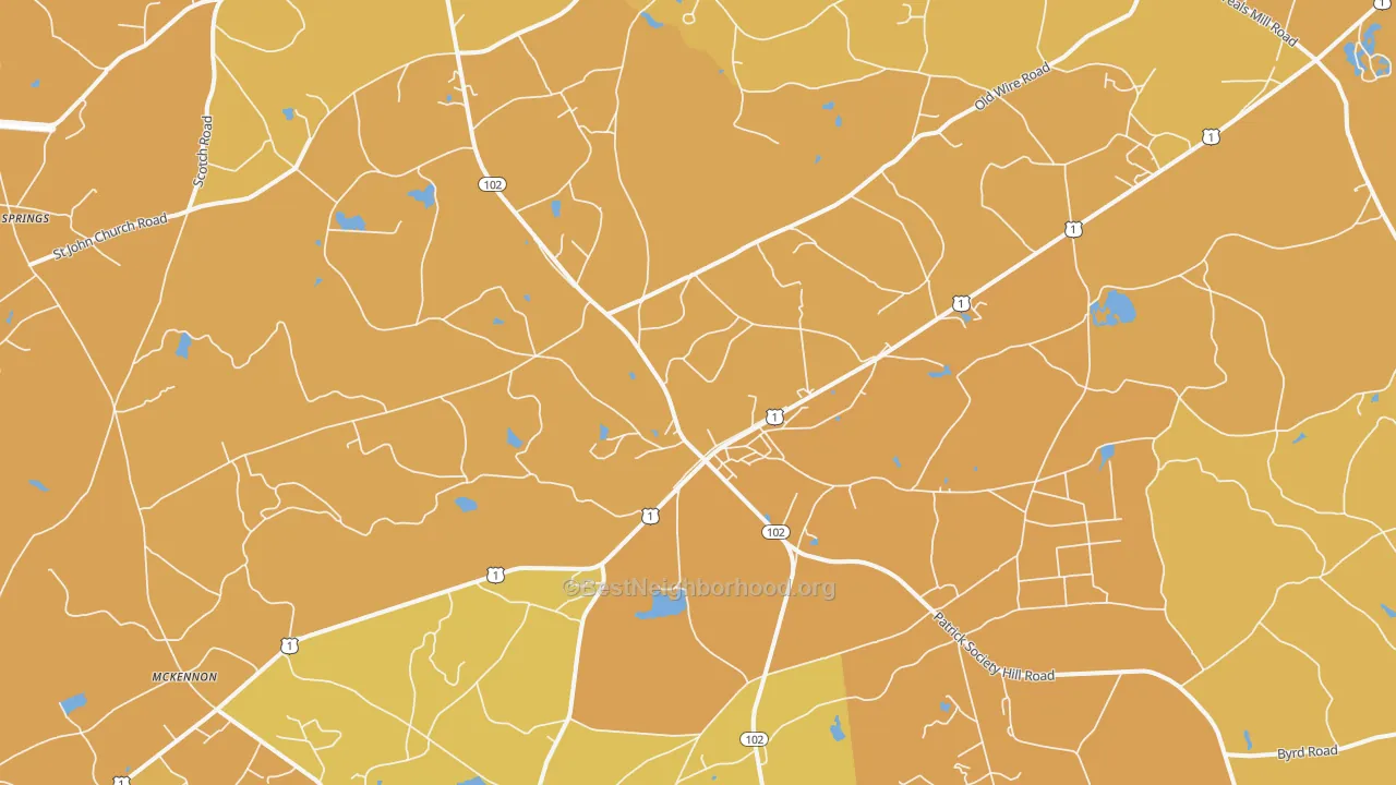 Map of the best neighborhoods in the Patrick area, with better matches in green and worse matches in red