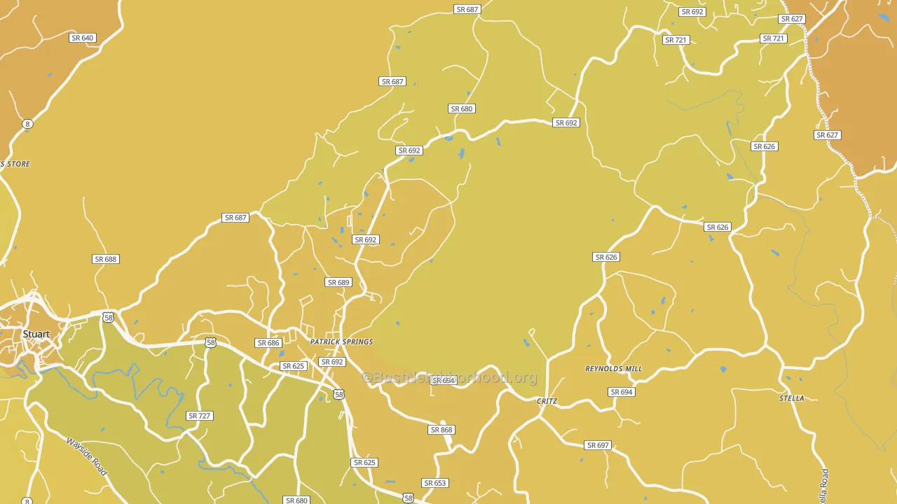Map of the best neighborhoods in the Patrick Springs area, with better matches in green and worse matches in red