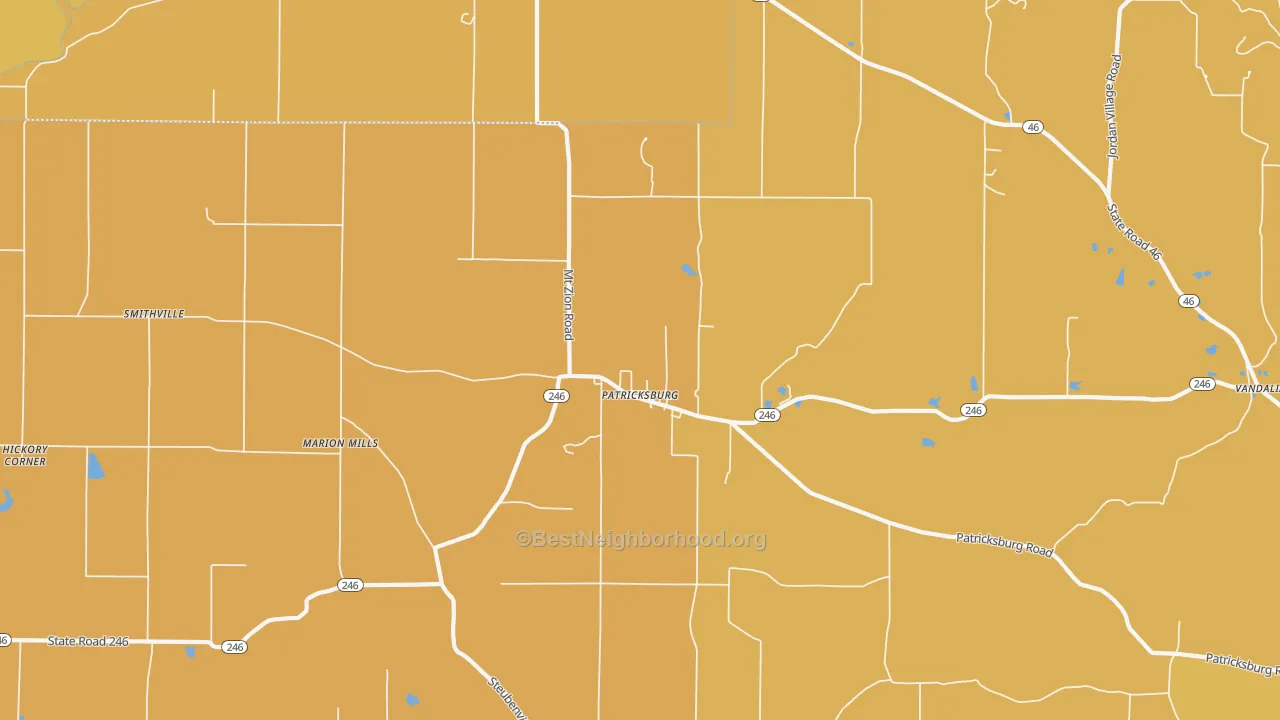 Map of the best neighborhoods in the Patricksburg area, with better matches in green and worse matches in red