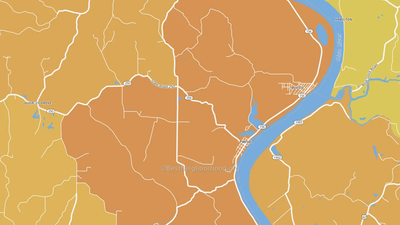Map of the best neighborhoods in the Patriot area, with better matches in green and worse matches in red