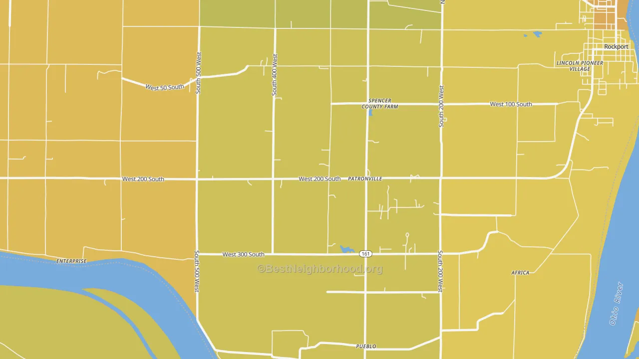 Map of the best neighborhoods in the Patronville area, with better matches in green and worse matches in red