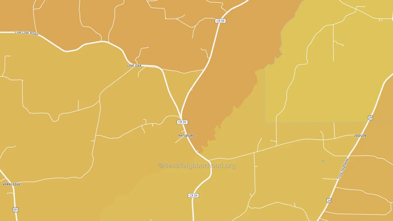 Map of the best neighborhoods in the Patsburg area, with better matches in green and worse matches in red