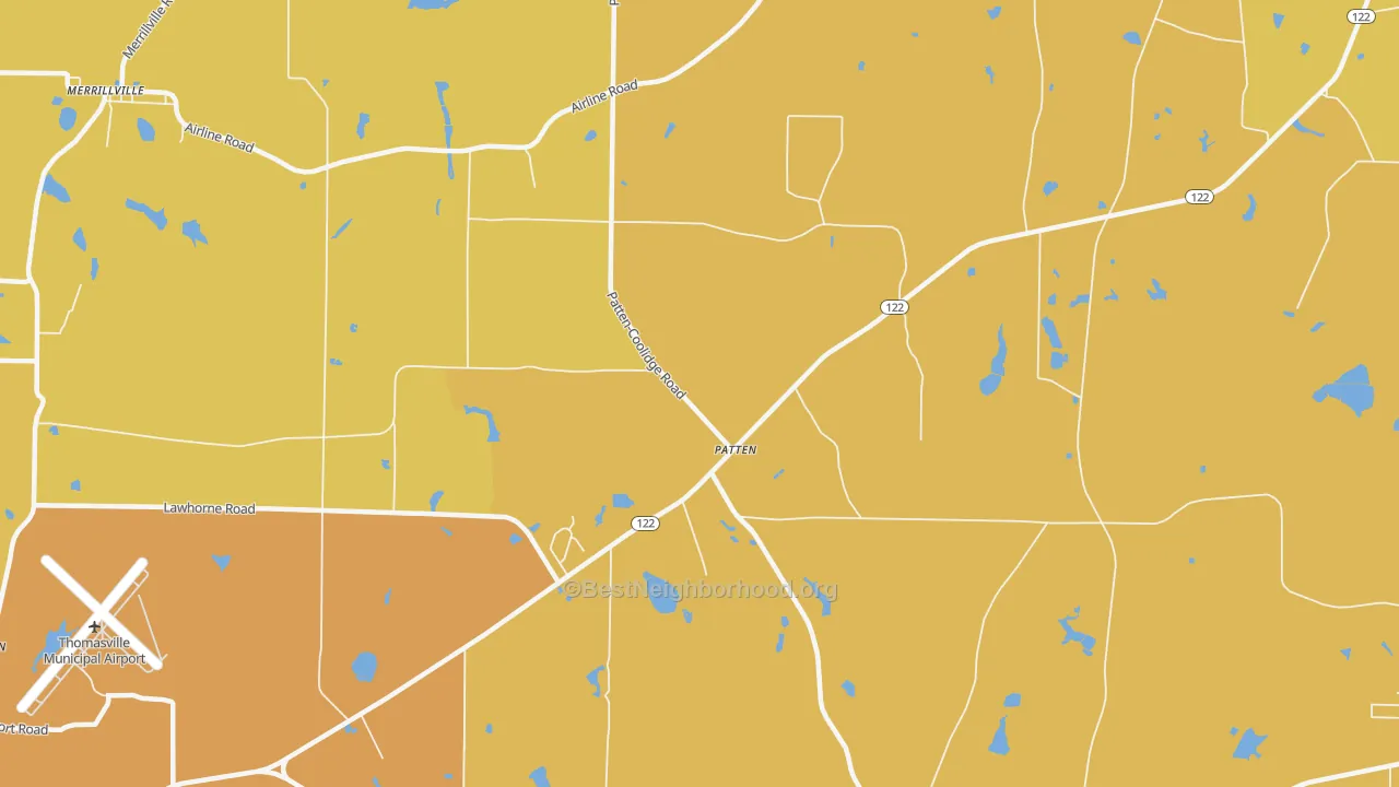Map of the best neighborhoods in the Patten area, with better matches in green and worse matches in red