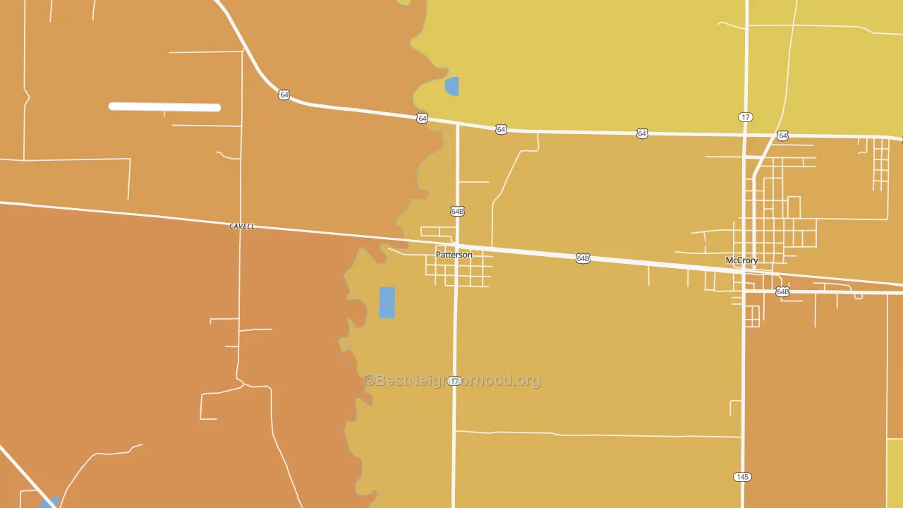 Map of the best neighborhoods in the Patterson area, with better matches in green and worse matches in red