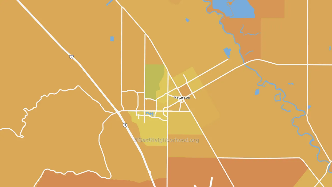 Map of the best neighborhoods in the Patterson area, with better matches in green and worse matches in red