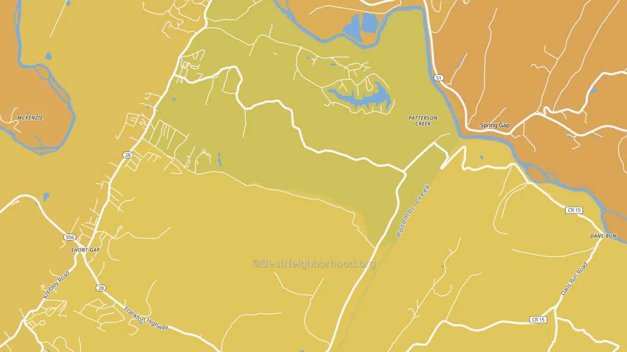 Map of the best neighborhoods in the Patterson Creek area, with better matches in green and worse matches in red