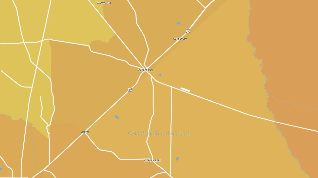 Map of the best neighborhoods in the Patterson area, with better matches in green and worse matches in red
