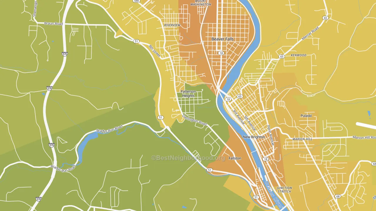 Map of the best neighborhoods in the Patterson Heights area, with better matches in green and worse matches in red