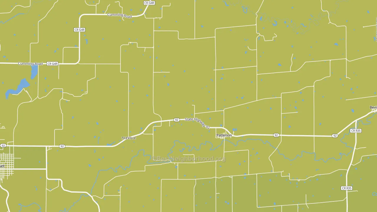 Map of the best neighborhoods in the Patterson area, with better matches in green and worse matches in red