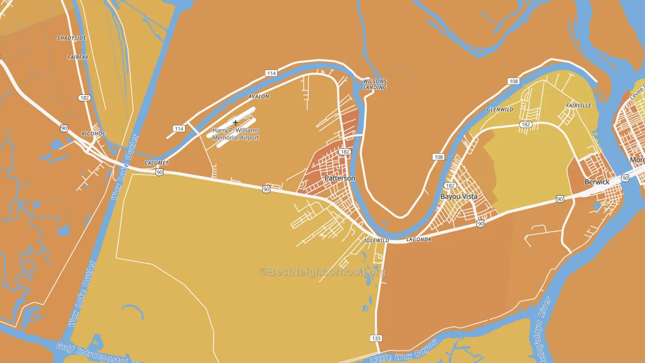 Map of the best neighborhoods in the Patterson area, with better matches in green and worse matches in red