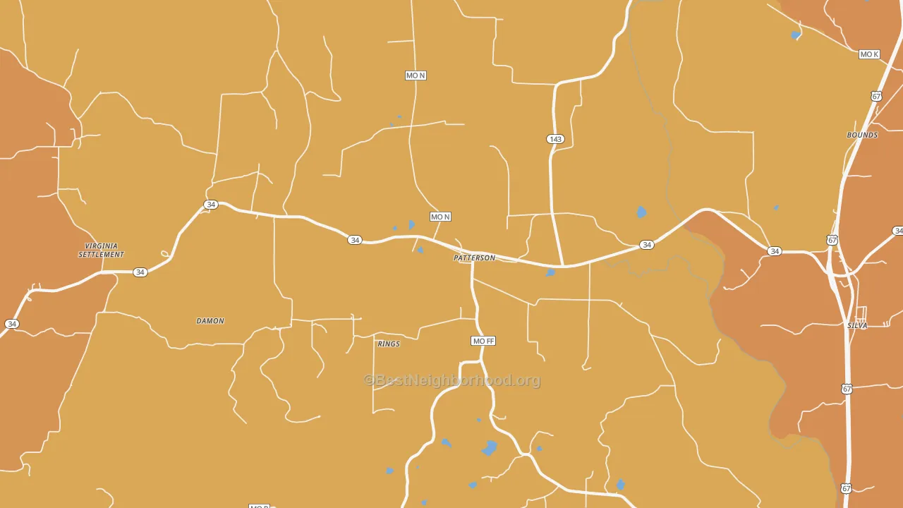 Map of the best neighborhoods in the Patterson area, with better matches in green and worse matches in red