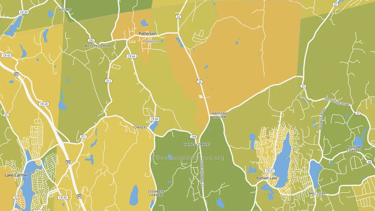 Map of the best neighborhoods in the Patterson area, with better matches in green and worse matches in red