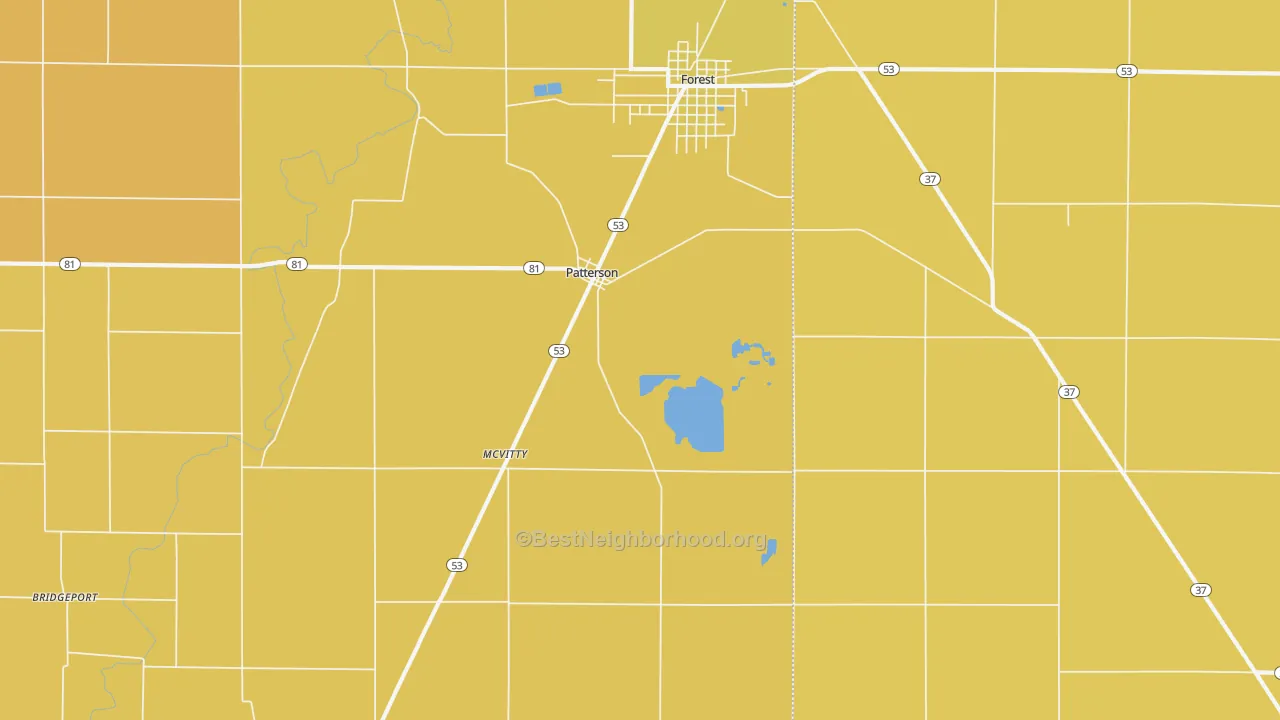 Map of the best neighborhoods in the Patterson area, with better matches in green and worse matches in red
