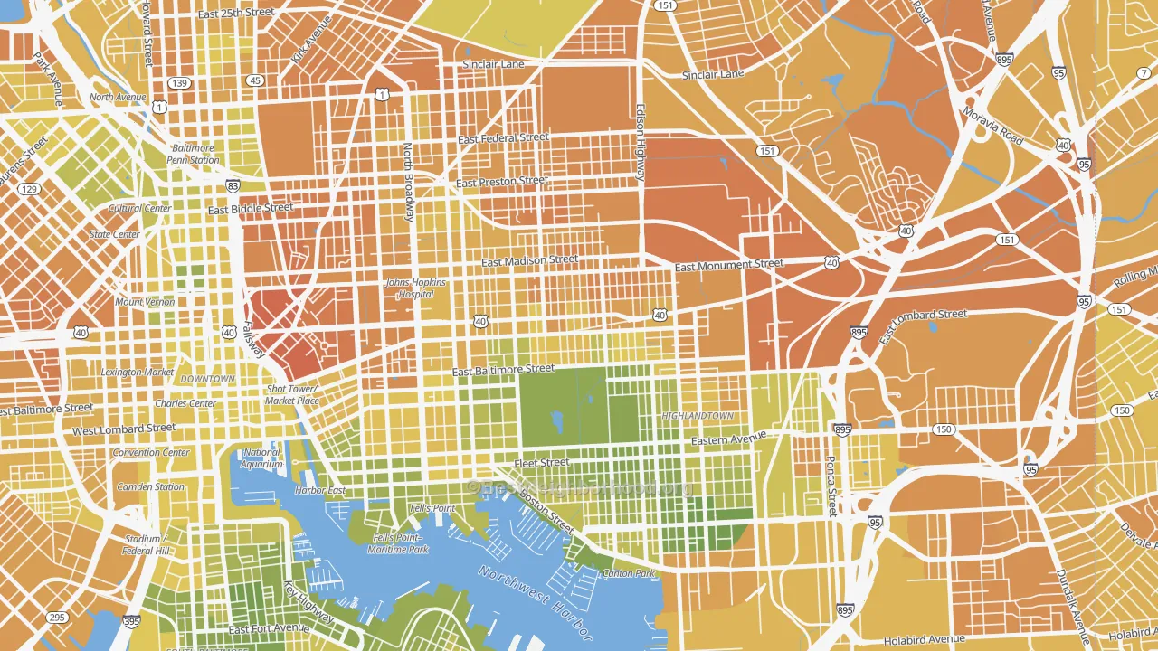 Map of the best neighborhoods in the Patterson Park, Baltimore area, with better matches in green and worse matches in red