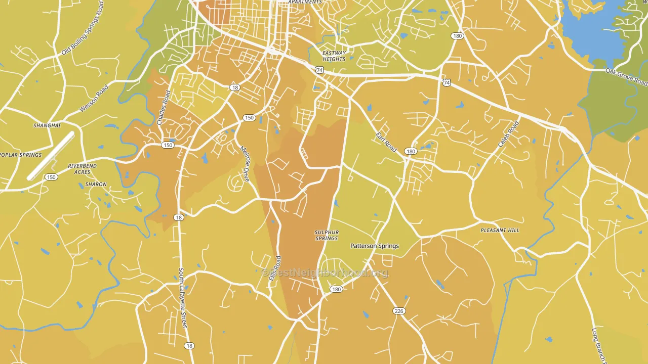 Map of the best neighborhoods in the Patterson Springs area, with better matches in green and worse matches in red