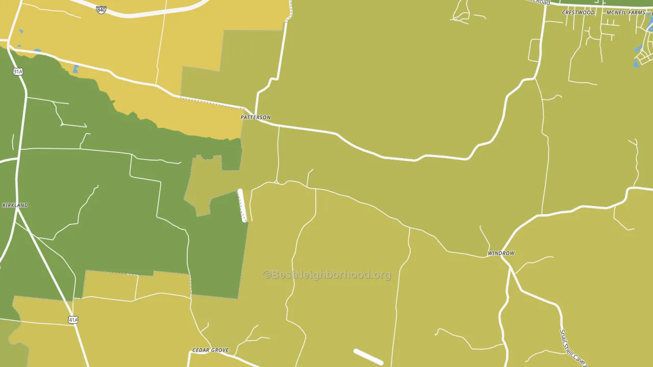 Map of the best neighborhoods in the Patterson area, with better matches in green and worse matches in red